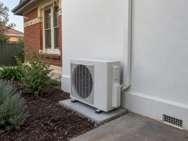 Outdoor air conditioner unit on a concrete pad beside a brick and rendered house in Broadview